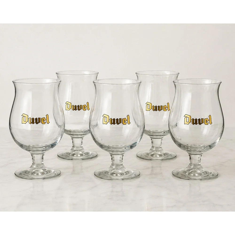 Set Of 5 Duvel Large Tulip Beer Glass with Gold Duvel Logo